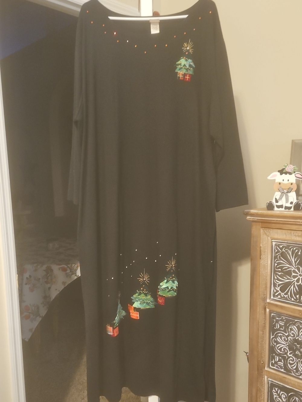 Black Long-Sleeve Holiday Embroidered Maxi Dress